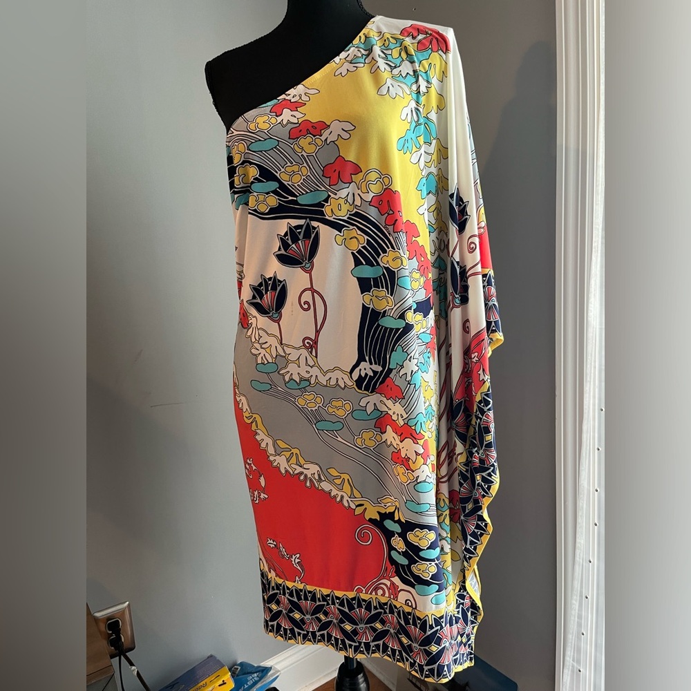 Gorgeous one shoulder Boston Proper scarf print dress